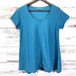 Cut Loose Aqua Blue Cotton Linen Blend V Neck A Line Short Sleeve Shirt Size S